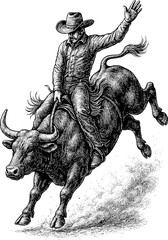 Fototapeta premium Cowboy riding a bull vector black silhouette cricut print design isolated on a plain white background