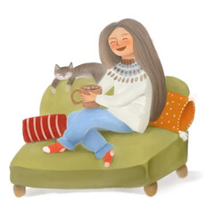 Cozy Woman with Cat on Couch