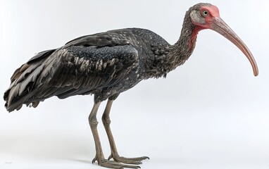 A side view of a large wading bird, dark plumage with reddish bill