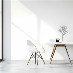 in an architectural office a modern scandinavian desk front of the white minimalistic wall fron view eye level shot