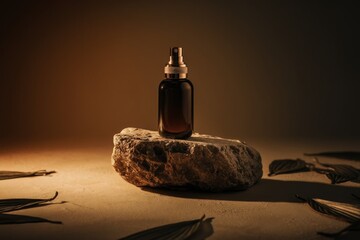 Cosmetic bottle product placed on a rock. 