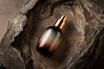 product photograph of a spray bottle cosmetic product placed on a textured rock. 