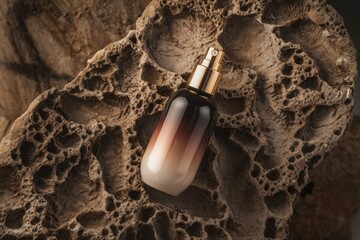 product photograph of a spray bottle cosmetic product placed on a textured rock. 