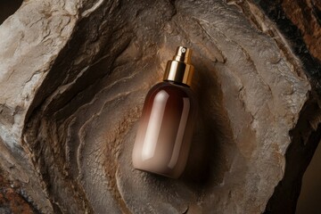 product photograph of a spray bottle cosmetic product placed on a textured rock. 