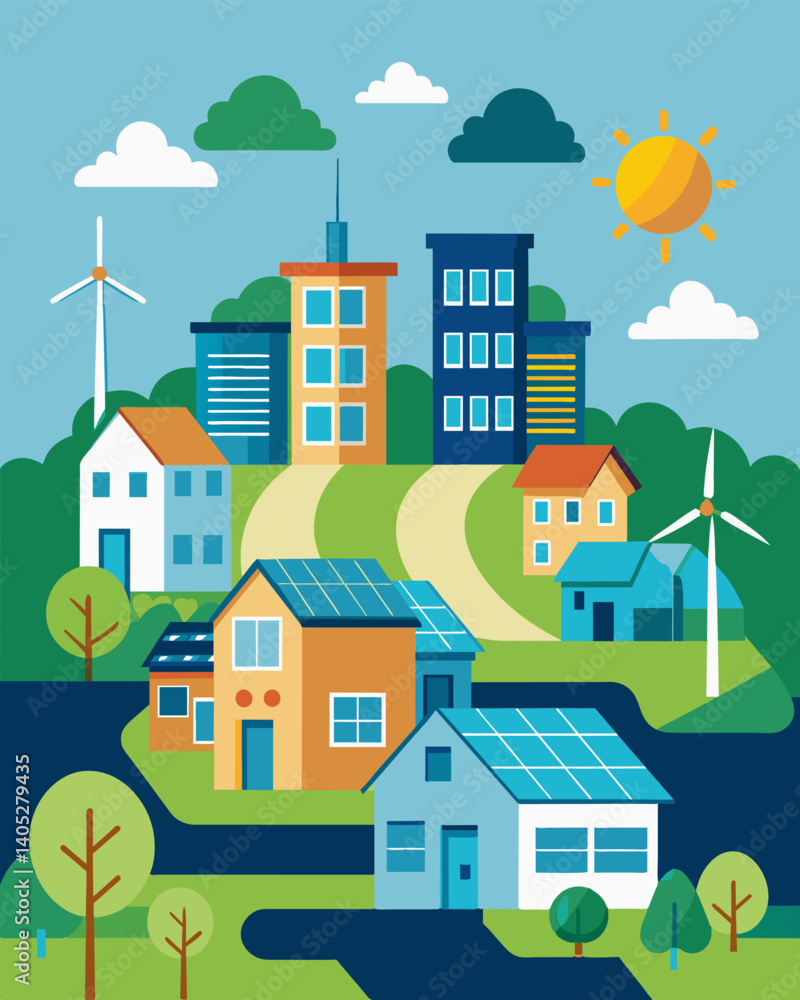 Poster a residential community powered by a microgrid system utilizing renewable energy sources for increas