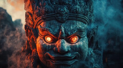 Obraz premium Stone guardian statue with glowing eyes amidst swirling smoke in an ancient temple at dusk