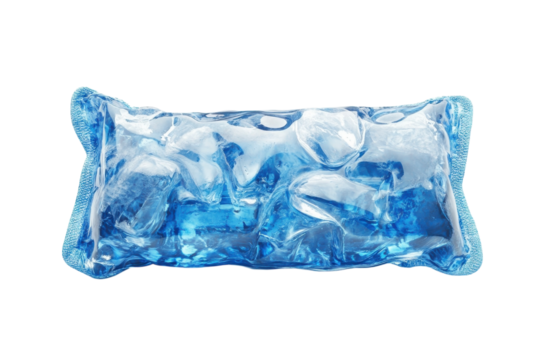 A captivating image of a translucent blue ice pack filled with sculpted ice cubes against a stark black background