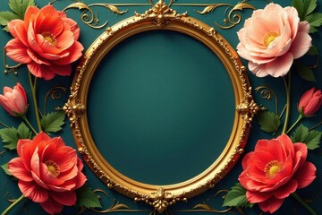 Gilded oval picture frame against swirling Art Nouveau flowers, art nouveau, floral, frame