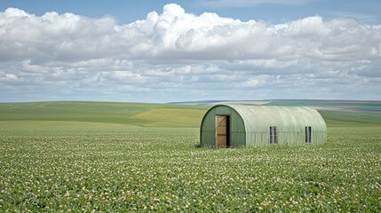 Green metal shed in a vast, flowering field under a partly cloudy sky