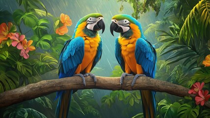 Colorful Parrots Perched Branch Lush