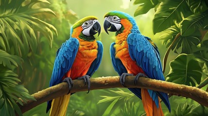 Colorful macaws perched on a branch in a lush tropical rainforest