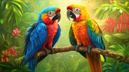 Colorful parrots perched on a branch in a lush tropical forest