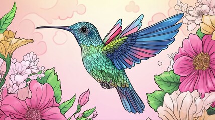 Fototapeta premium Colorful hummingbird surrounded by blooming flowers in a vibrant garden