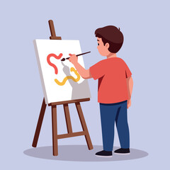 A young boy painting colorful abstract shapes on a canvas in a minimalistic art studio, expressing creativity and joy in vector illustration