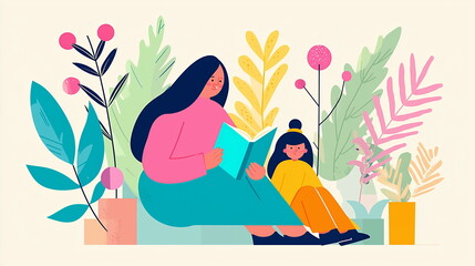 Mother reading to her daughter, surrounded by plants and flowers in pastel colors. A colorful flat vector illustration 