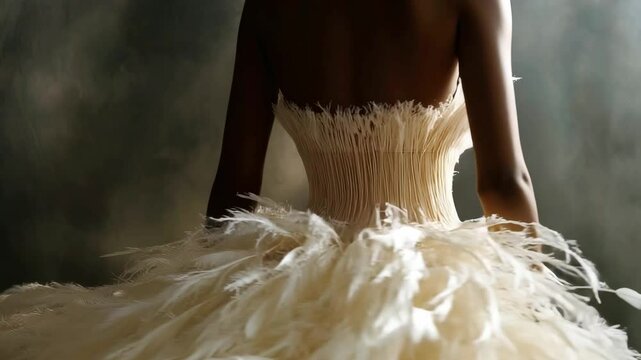 The futuristic wedding dress is made entirely from biodegradable plant fibers. Soft lighting highlights the delicate textures, creating a mesmerizing visual experience