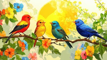 Obraz premium Colorful birds perched on a floral branch under a bright sun