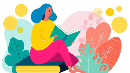 A happy woman reading a book, surrounded by nature. Outdoor peaceful reading. Flat vector illustration. 