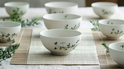 A white ceramic bowl with a green leaf design sits on a bamboo placemat, surrounded by other similar bowls and green plants.