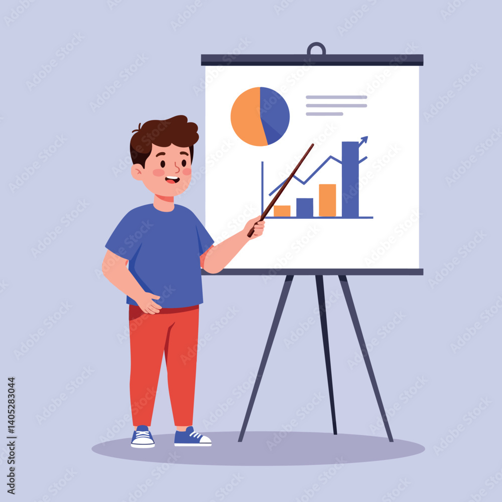 Poster A young boy presenting a colorful chart on a flip chart while confidently using a pointer in a minimal vector illustration style