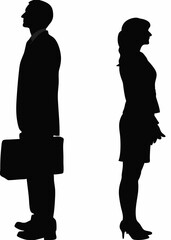 Vector silhouettes of a man and a woman, a couple of business people standing in profile, looking up, black color on a white background
