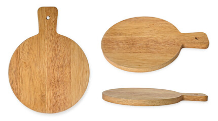 Empty wooden round cutting board with handle isolated on white background with clipping path. Set of wood plate or pizza tray, top view, side view and high angle mock up template for food design.