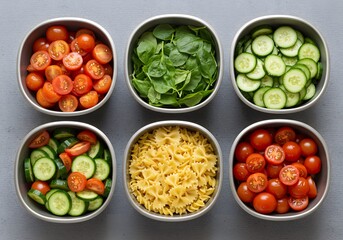 Fresh vegetables and pasta ingredients in metal bowls