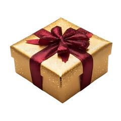 Obraz premium A beautifully wrapped golden gift box adorned with a red ribbon and bow.