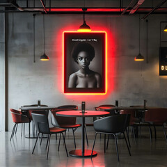 35mm lens a large space five tables in the middle a small round lamp on the table the table is surrounded by modern style chairs Above the chair hung a framed