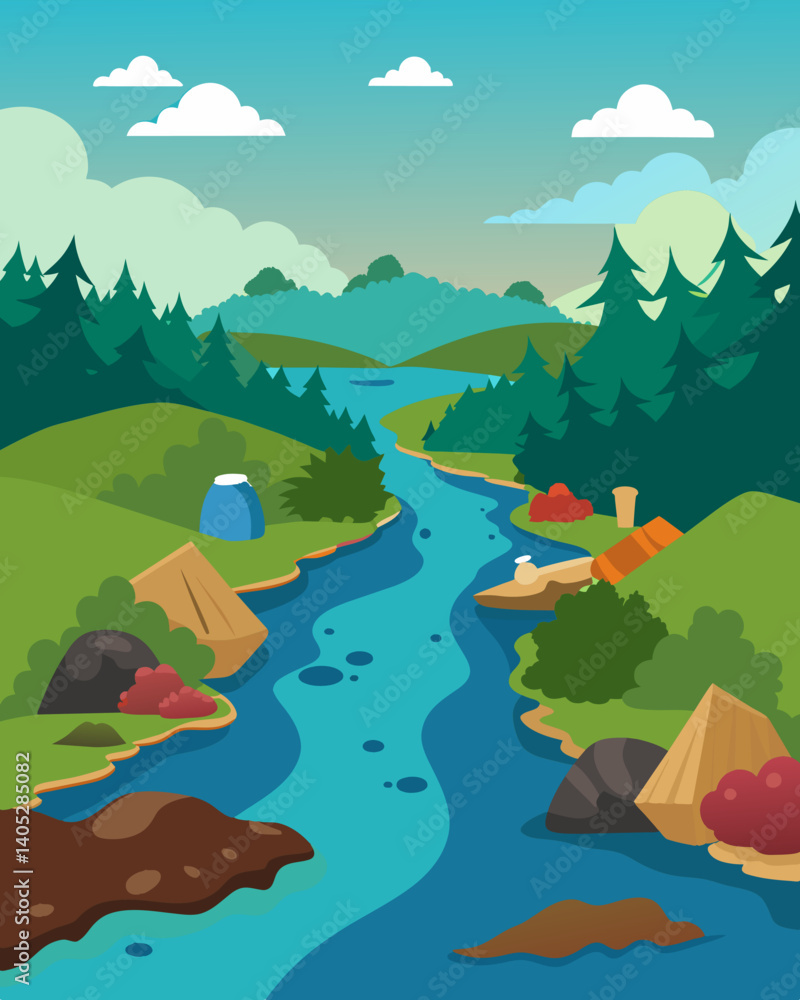 Poster the riverbanks are lined with heaps of trash making it difficult to see any natural vegetation.. vec