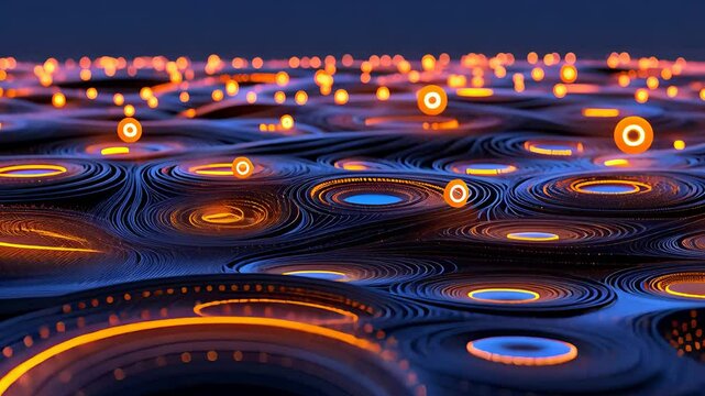 Abstract Digital Landscape with Glowing Circles and Orange Lights on Blue Surface

