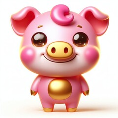 Naklejka premium A cheerful 3d anthropomorphic pig with a rounded body, short legs, and big ears, featuring bright, pink and gold colors with smooth depicting a friendly, smiling face