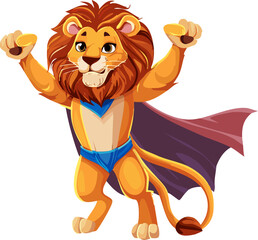 Obraz premium Powerful lion superhero wearing costume and cape raising paws