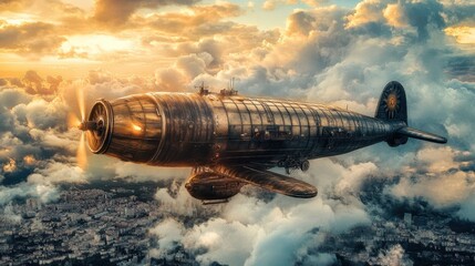 Girl in a white dress gazes at a majestic steampunk airship soaring above clouds at sunset