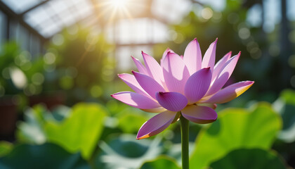 Obraz premium Blooming purple lotus in botanic greenhouse, serene beauty