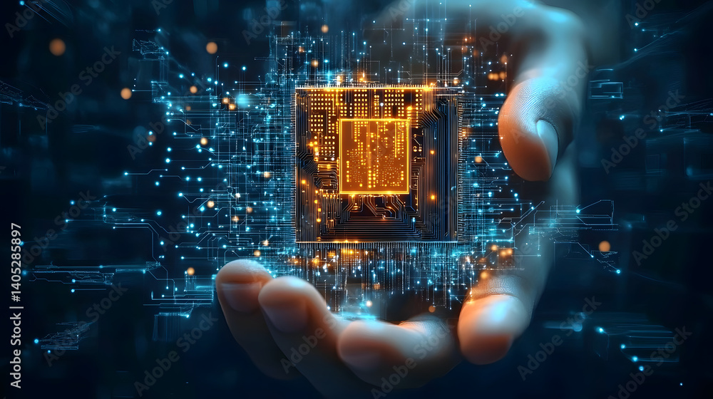 Poster abstract digital semiconductor hologram in technology hand. humanoid hand holding computer chip. ai 