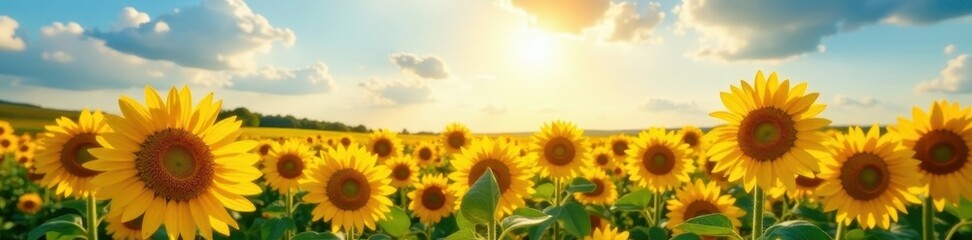 Obraz premium Sun-drenched sunflowers in a boundless field Golden blooms under summer sky , background, outdoors