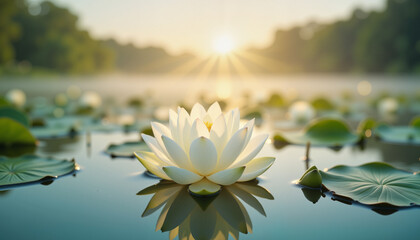 Tranquil white lotus flower floating on river at sunrise, peace