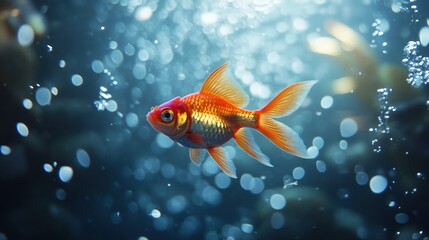 Fototapeta premium Elegant Goldfish swimming gracefully underwater with the ethereal bokeh background