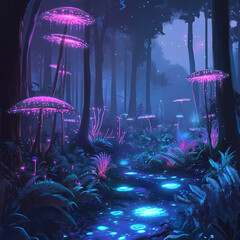 A forest with glowing bioluminescent plants and futuristic wildlife