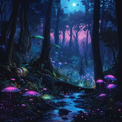 A forest with glowing bioluminescent plants and futuristic wildlife