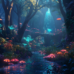 A forest with glowing bioluminescent plants and futuristic wildlife