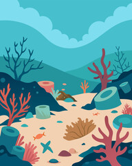 The once vibrant coral reefs are now bleached and lifeless destroyed by the chemicals and waste dumped into the ocean.. Vector illustration