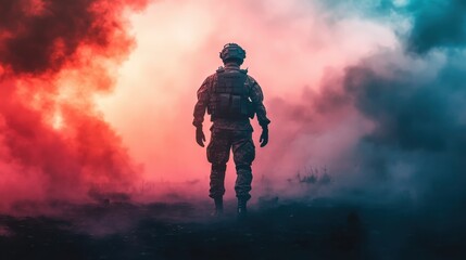 Naklejka premium Spacesuit-wearing astronaut stands amidst colorful smoke in an otherworldly environment during nighttime exploration