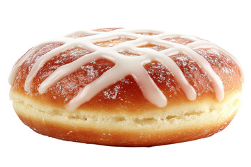 Delicious glazed donut with white icing sprinkled sugar and a rich brown crust against a black background