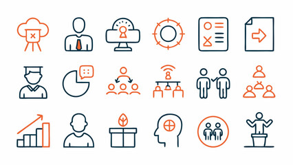 Training and coaching line icons collection focused on personal development mentorship leadership learning growth and education tools for web and print use
