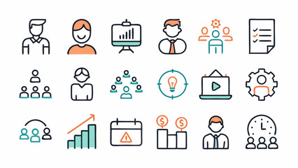Professional training and coaching icons in a clean line style representing workshops seminars education and skills development ideal for training materials