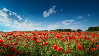 Red poppy field against blue sky on a beautiful summer day