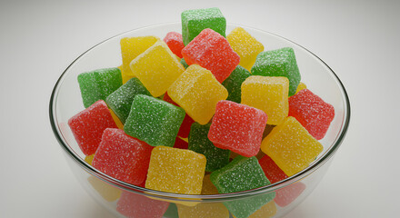 Vibrant Fruit Jelly Cubes in Clear Bowl Delightful Confectionery Still Life