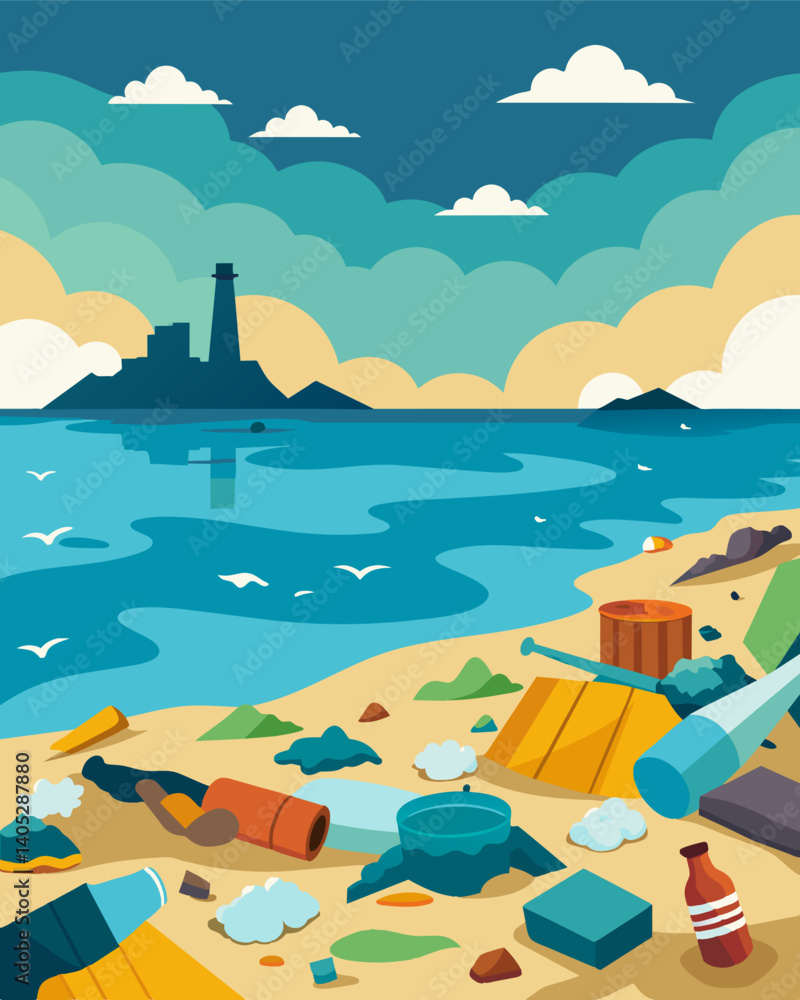 Poster a once pristine beach now covered in piles of trash and bottles all washed up from the sea where fac